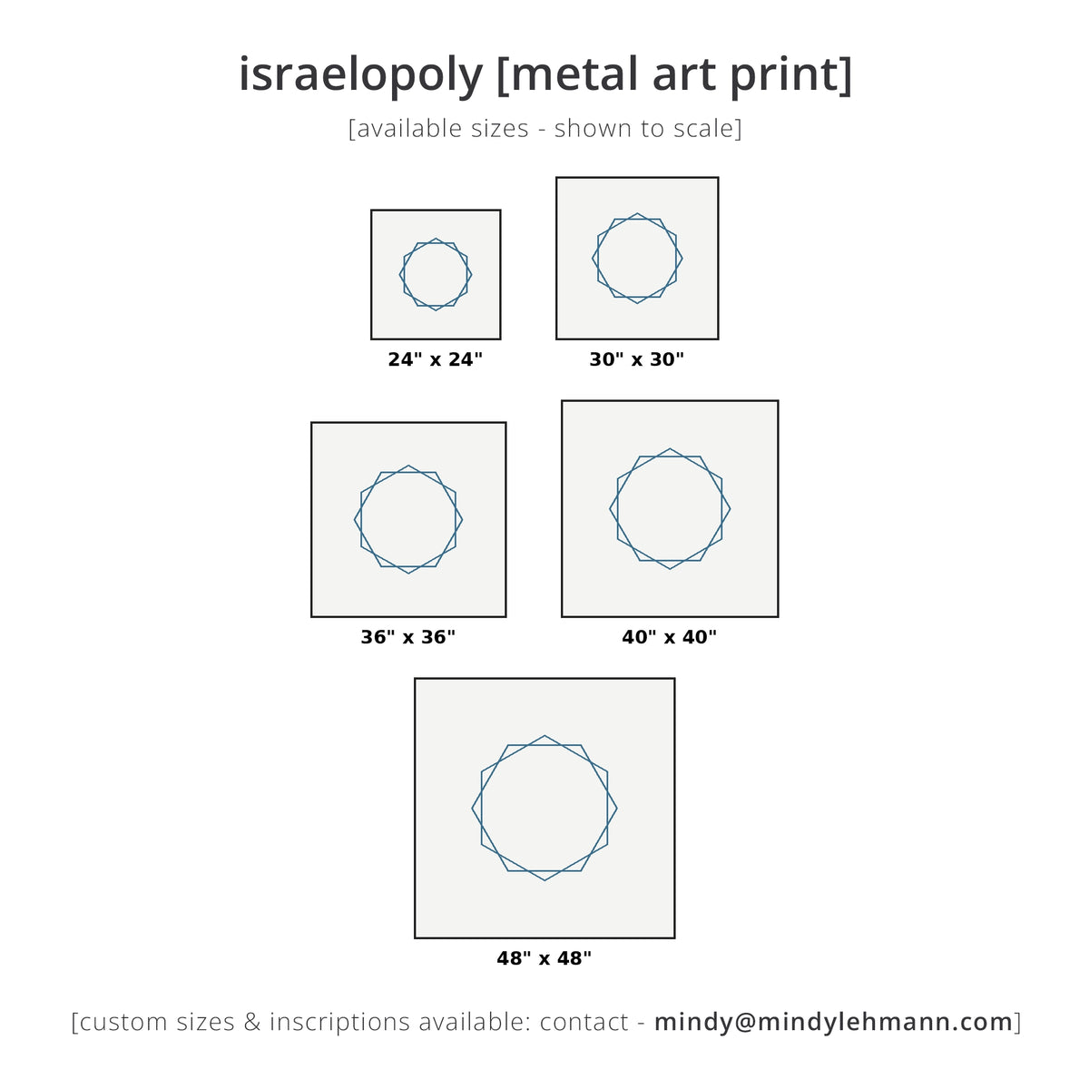 Size chart for an israelopoly metal art print, showing five square print options ranging from 24x24 inches to 48x48 inches, each with a blue geometric circular design on a white background.