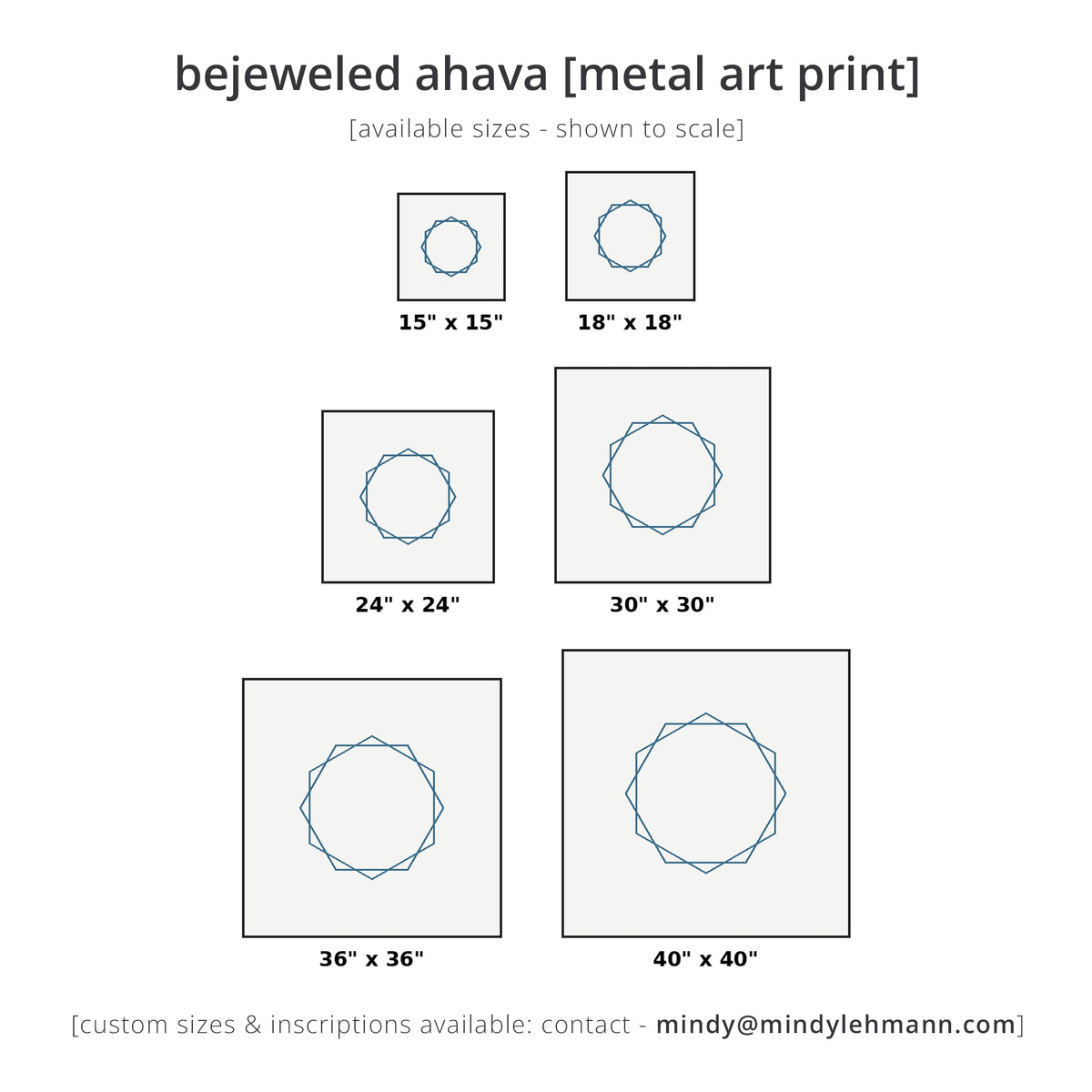 Size chart for bejeweled ahava metal art prints showing five square canvas sizes from 15x15 to 40x40 inches, each with a blue geometric circular design on a white background.