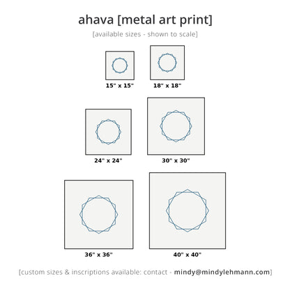 A size chart for ahava metal art prints showing five square canvas options with a blue geometric circular design. The sizes shown are 15" x 15", 18" x 18", 24" x 24", 30" x 30", 36" x 36", and 40" x 40", with text noting available sizes shown to scale and custom sizes available by contact mindylehmann.