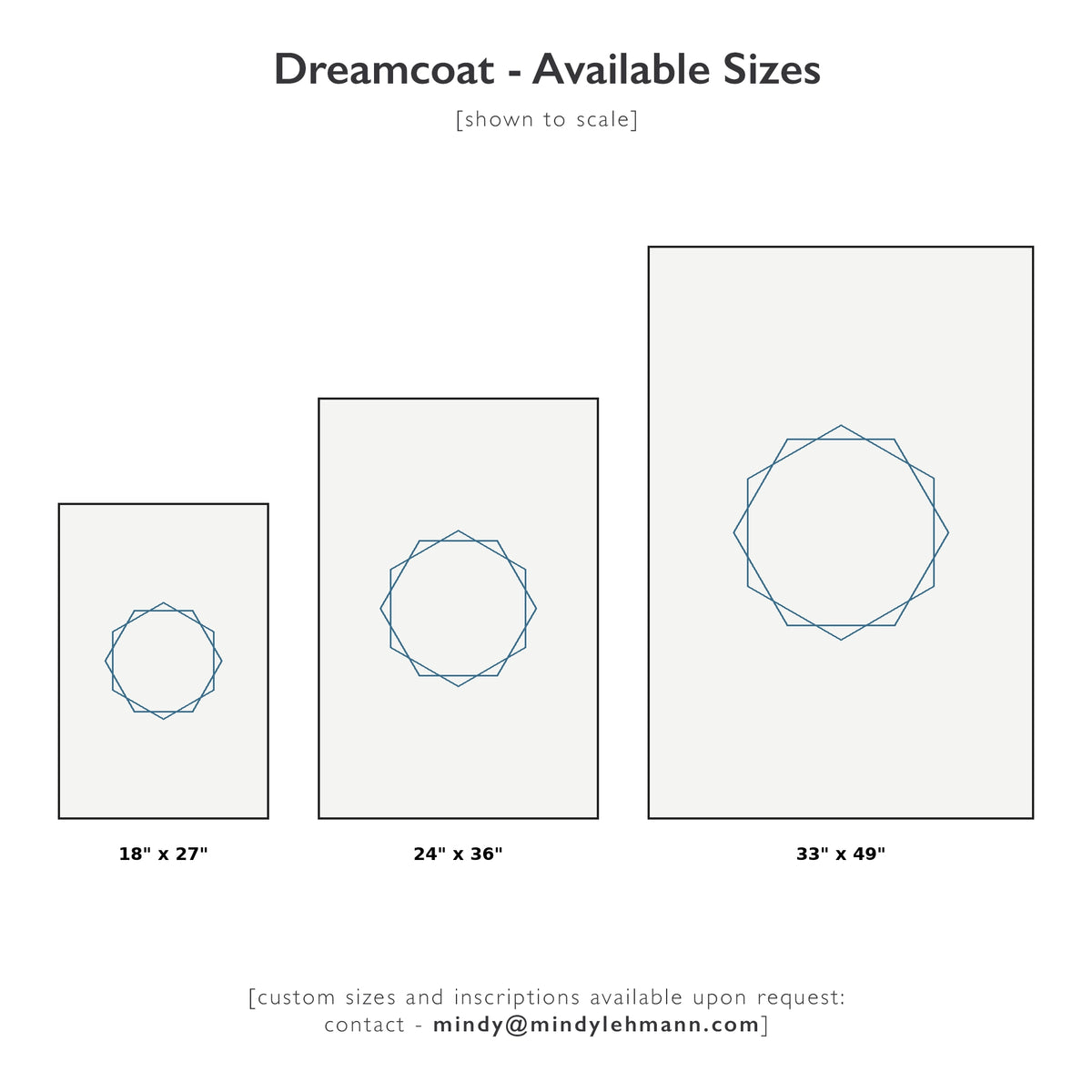 Size chart for Dreamcoat metal wall art print, showing three available sizes: 18x27, 24x36, and 33x49 inches, shown to scale