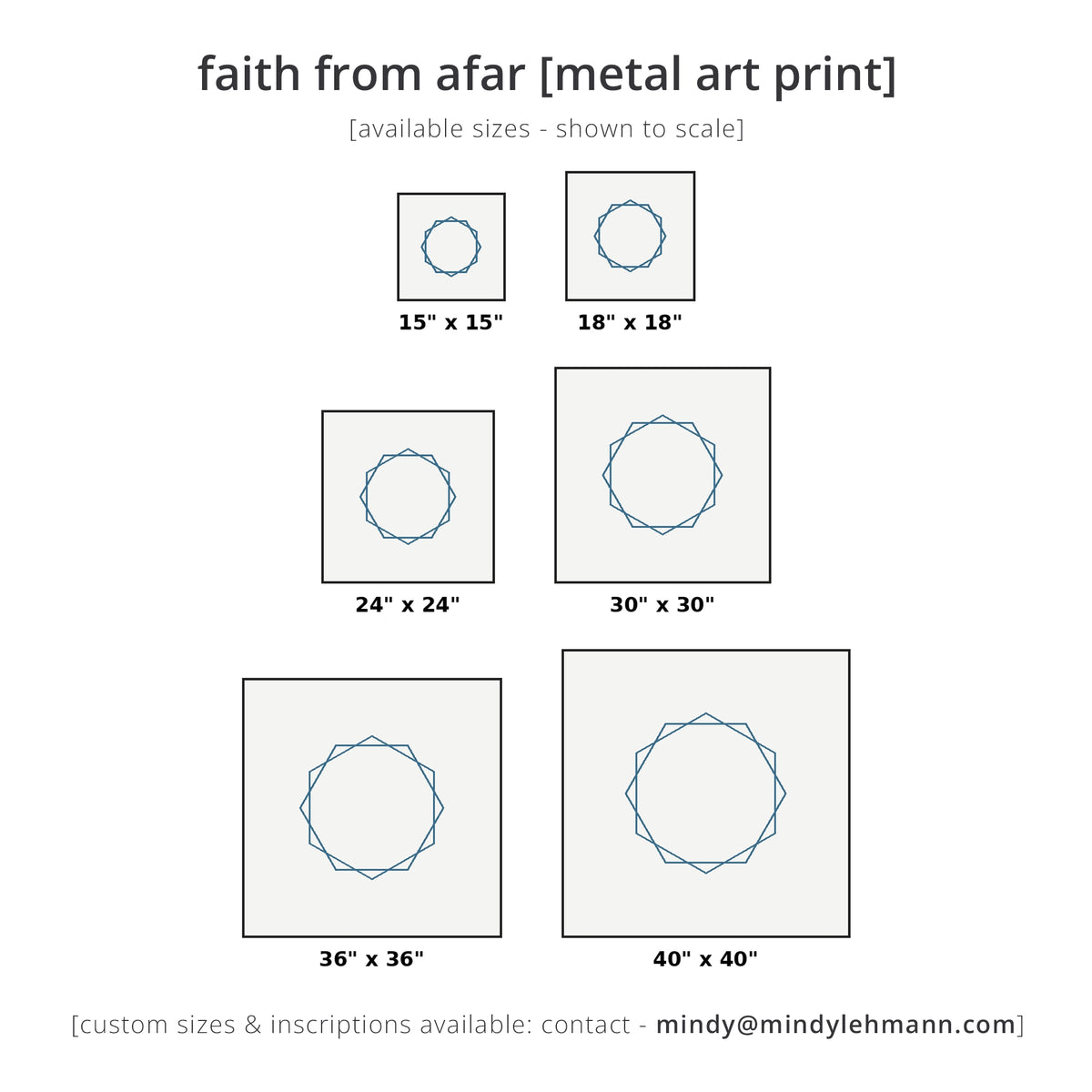 A size chart graphic for a metal art print titled 'faith from afar'. It shows five square canvas sizes ranging from 15 x 15 inches to 40 x 40 inches, each containing a blue geometric circular line design on a light gray background.