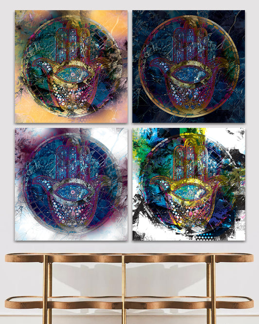 Hamsa metal wall art by New York City artist Mindy Lehmann - modern judaica print available in navy, gold, jewel toned purple, and jewel toned mixed colorways, printed on premium metal, available 15x15 in to 48x48 in