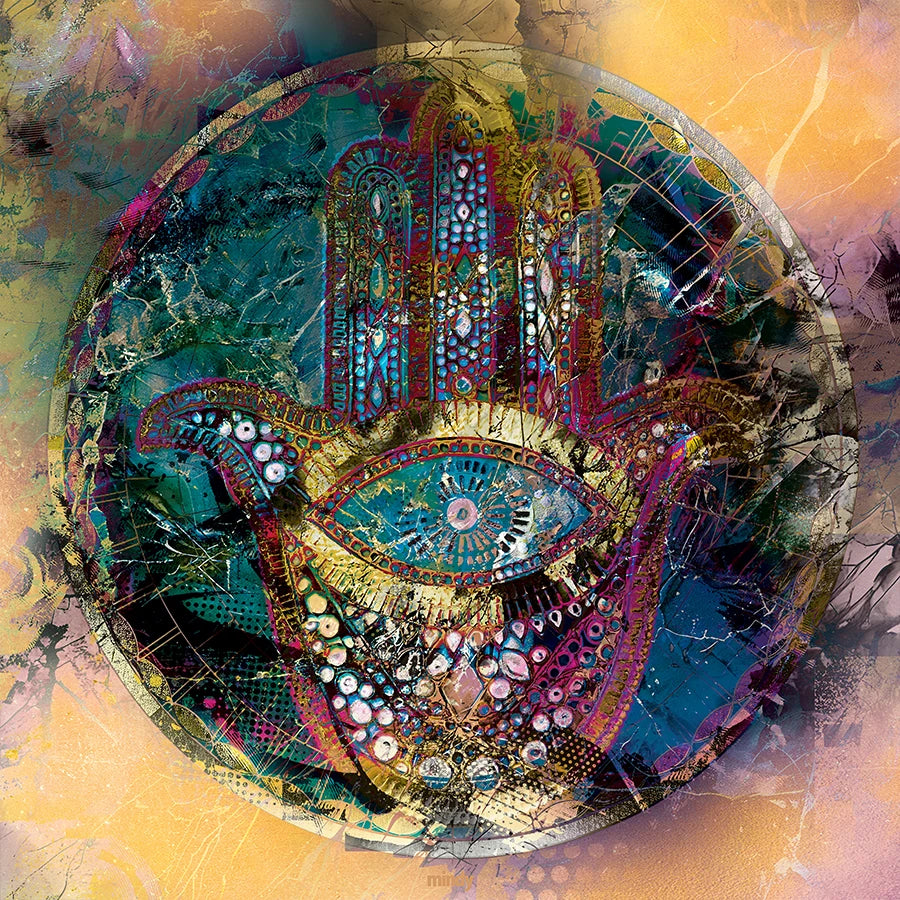 A circular abstract artwork featuring a stylized hamsa hand with a large eye motif, rendered in rich teal, blue, gold, purple, pink, and black textures with distressed painterly edges.