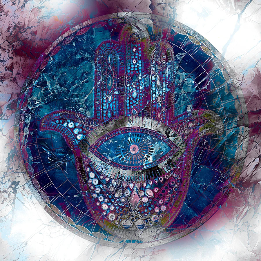 A circular Hamsa hand artwork with a large stylized eye at the center, rendered in vivid blue, purple, pink, and teal tones against a marbled abstract background.