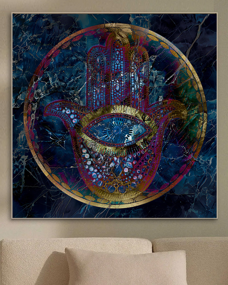 Metal print of Hamsa with modern Judaica design