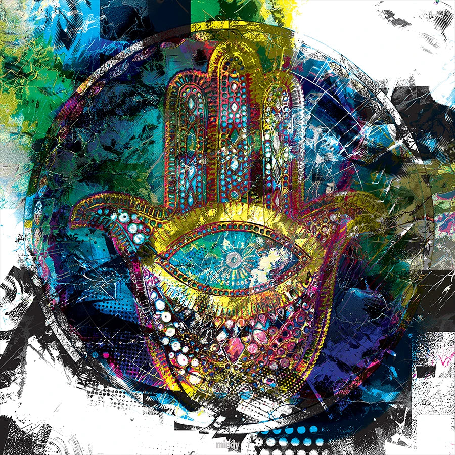 A vibrant, multicolored abstract art print featuring a stylized Hamsa hand with an eye motif, surrounded by textured splatters, circles, and grunge elements in blue, gold, green, purple, and red.