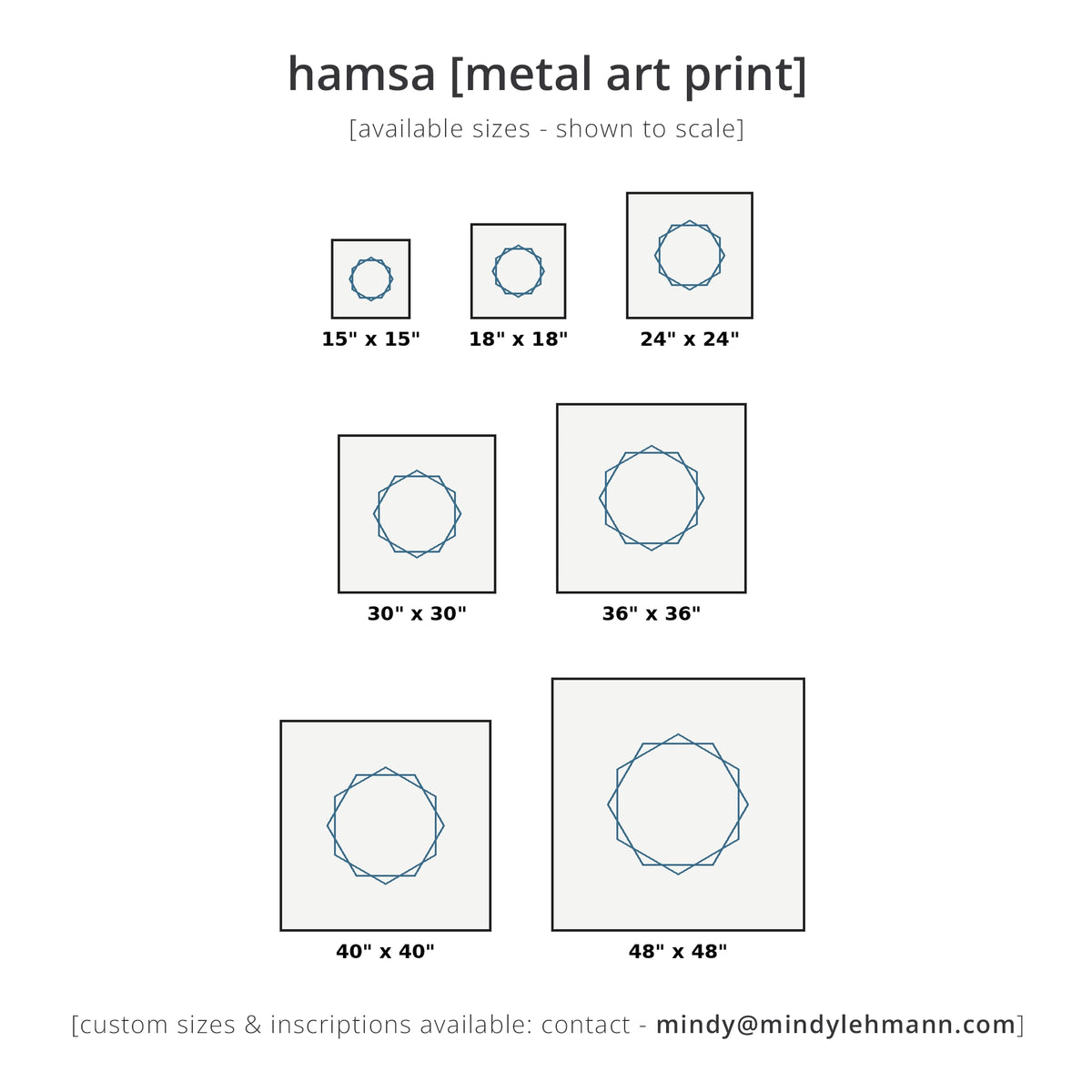 A size chart for a hamsa metal art print, showing 7 square metal art options ranging from 15x15 to 48x48 inches. Each size features a simple blue hamsa hand outline inside a square frame, with its dimensions labeled underneath on a clean white background.
