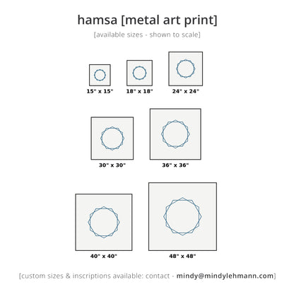 A size chart for a hamsa metal art print, showing 7 square metal art options ranging from 15x15 to 48x48 inches. Each size features a simple blue hamsa hand outline inside a square frame, with its dimensions labeled underneath on a clean white background.