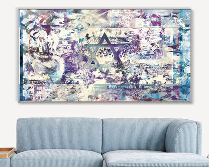 Metal Judaica art print of the Israeli flag surrounded by iconic scenes of Israel – inspiring Jewish and Zionist wall decor.