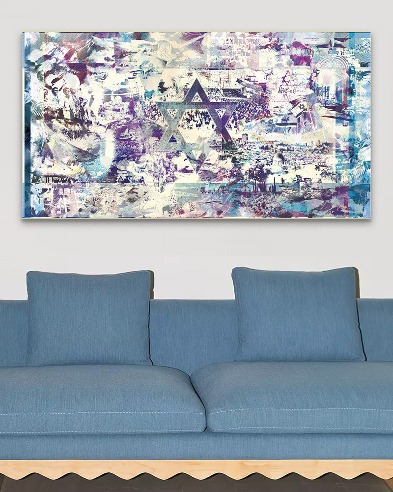 Metal Judaica art print of the Israeli flag surrounded by iconic scenes of Israel – inspiring Jewish and Zionist wall decor.