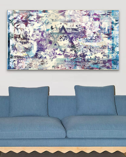 Metal Judaica art print of the Israeli flag surrounded by iconic scenes of Israel – inspiring Jewish and Zionist wall decor.