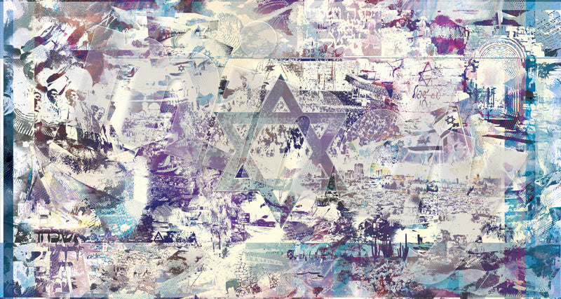 Metal Judaica art print of the Israeli flag surrounded by iconic scenes of Israel – inspiring Jewish and Zionist wall decor.