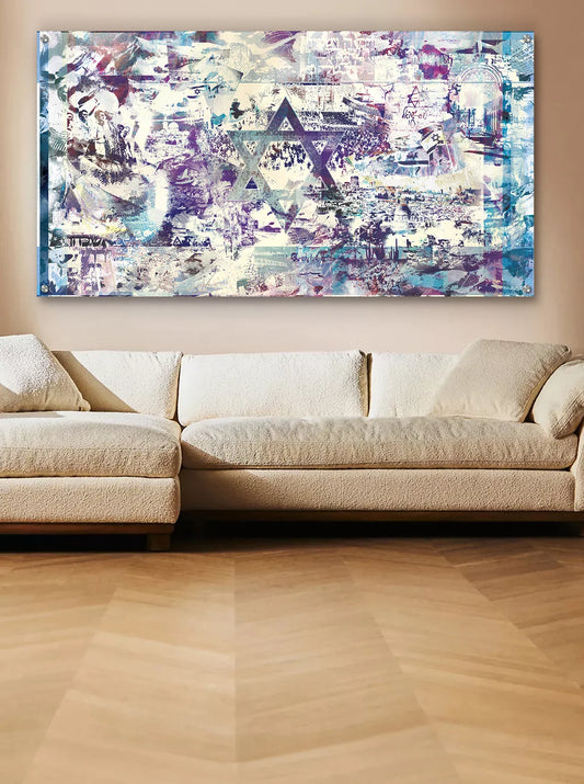 A large rectangular israel flag wall art piece with a Star of David motif, displayed above a cream-colored sectional sofa in a modern living room with light wood flooring.