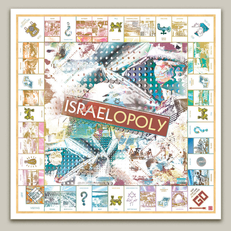 Custom Israel Monopoly board art print featuring iconic Israeli landmarks and Jewish themes, perfect for collectors and gifts.