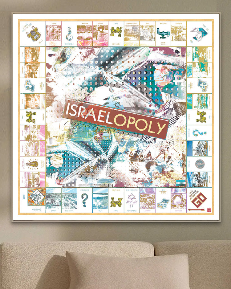 Custom Israel Monopoly board art print featuring iconic Israeli landmarks and Jewish themes, perfect for collectors and gifts.