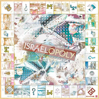 Custom Israel Monopoly board art print featuring iconic Israeli landmarks and Jewish themes, perfect for collectors and gifts.