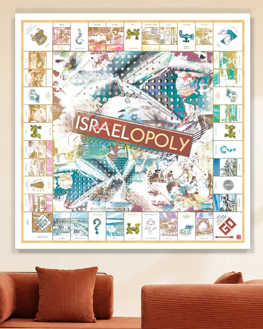 Custom Israel Monopoly board art print featuring iconic Israeli landmarks and Jewish themes, perfect for collectors and gifts.