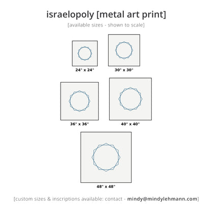 Size chart for an israelopoly metal art print, showing five square print options ranging from 24x24 inches to 48x48 inches, each with a blue geometric circular design on a white background.