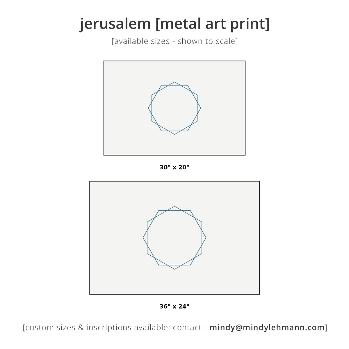 A size comparison graphic for a Jerusalem metal art print, showing two rectangular print options with a blue geometric star design in the center. The top print is labeled 30" x 20" and the bottom print is labeled 36" x 24".