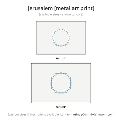 A size comparison graphic for a Jerusalem metal art print, showing two rectangular print options with a blue geometric star design in the center. The top print is labeled 30" x 20" and the bottom print is labeled 36" x 24".