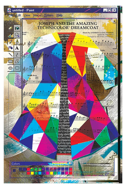 A colorful abstract poster or art print featuring the text 'Joseph and the Amazing Technicolor Dreamcoat' with a geometric, stained-glass-like coat shape in many bright colors over sheet music. The top bar shows 'untitled - Paint' and interface elements, suggesting this is a digital artwork or print preview.