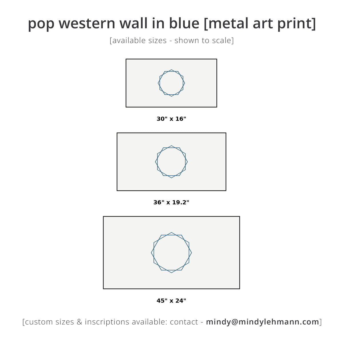 A size chart graphic for a pop western wall art print in blue, showing three rectangular print options labeled 30 x 16 inches, 36 x 19.2 inches, and 45 x 24 inches on a white background.