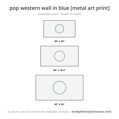 A size chart graphic for a pop western wall art print in blue, showing three rectangular print options labeled 30 x 16 inches, 36 x 19.2 inches, and 45 x 24 inches on a white background.